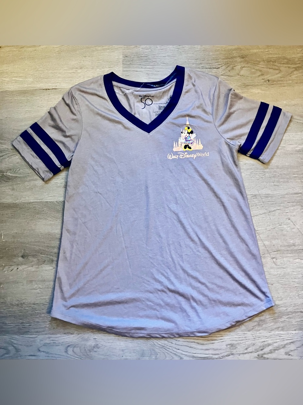 Women’s Size Small Disney Light Gray V-Neck Tee with Navy Trim